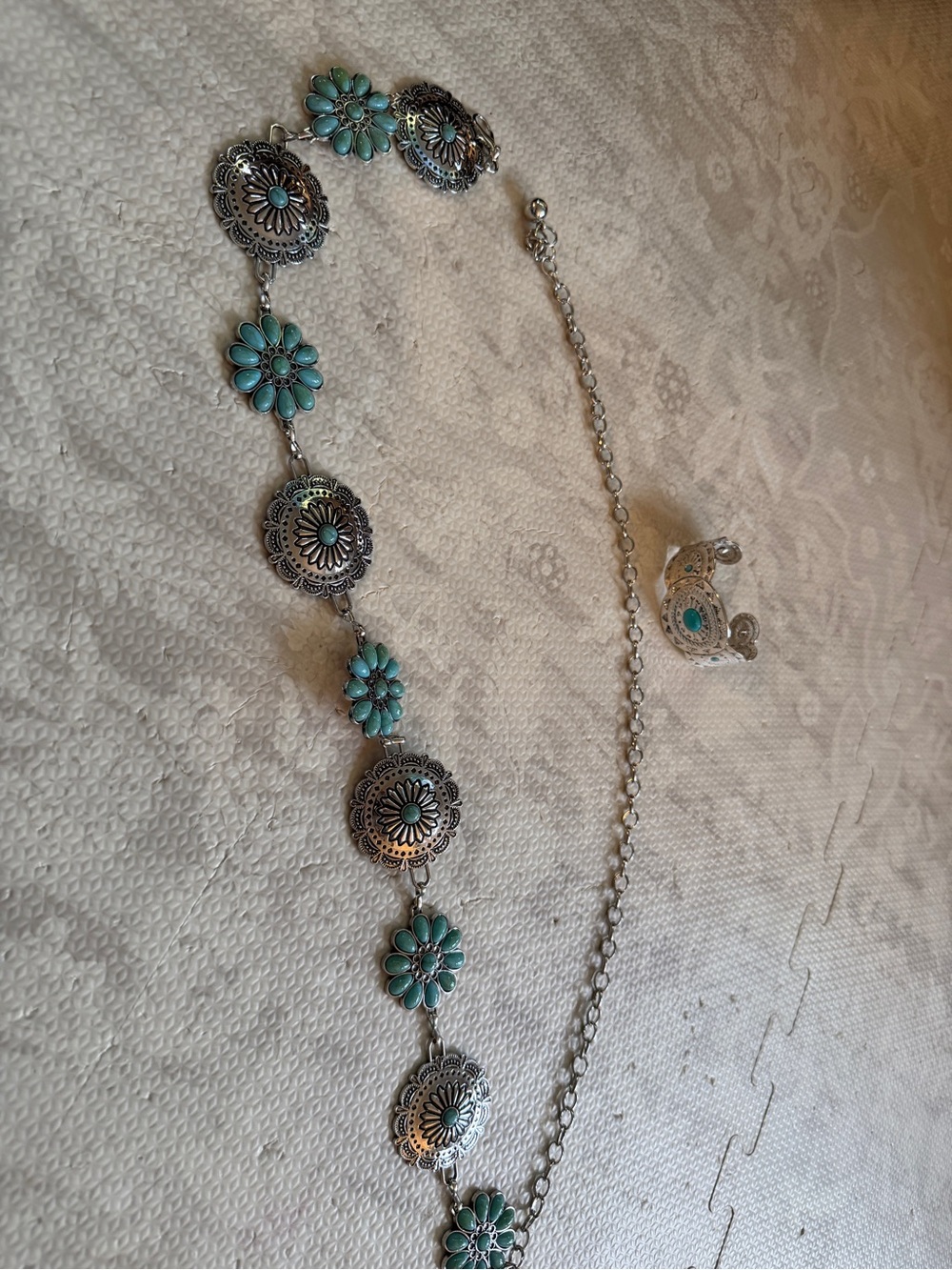 Turquoise Flower Silver-Tone Statement belt and bracelet Set